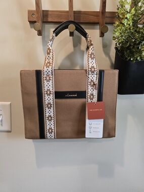 Brand New Canvas Tote Bag in Camel with Embroidered Straps